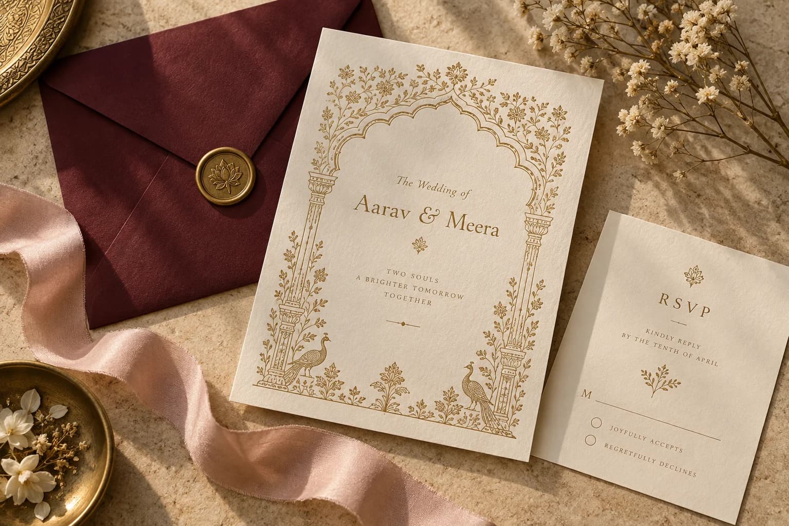 An ivory wedding invitation with gold floral details, a burgundy envelope and a blush silk ribbon